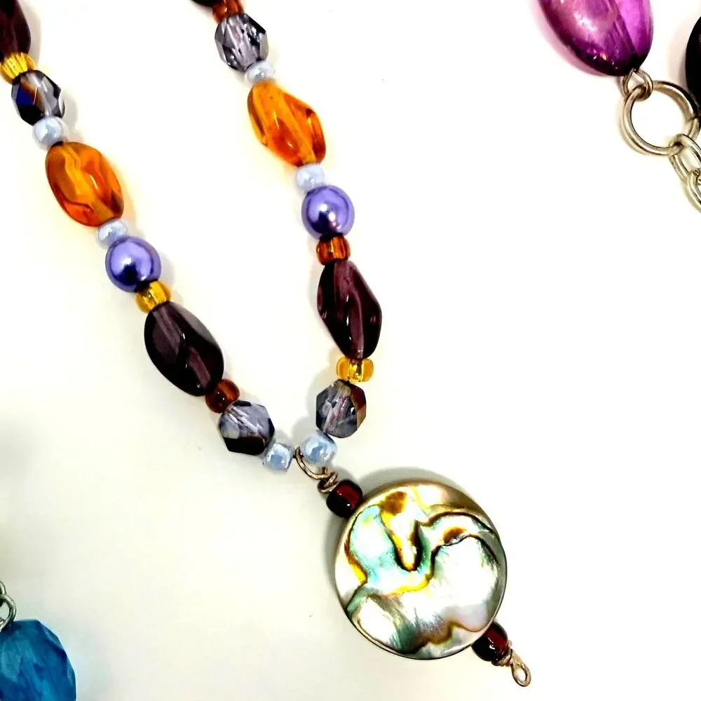 Lot 7 Art Glass Beaded Multi Strand Flapper Necklaces MOP Purple Pink Tortoise